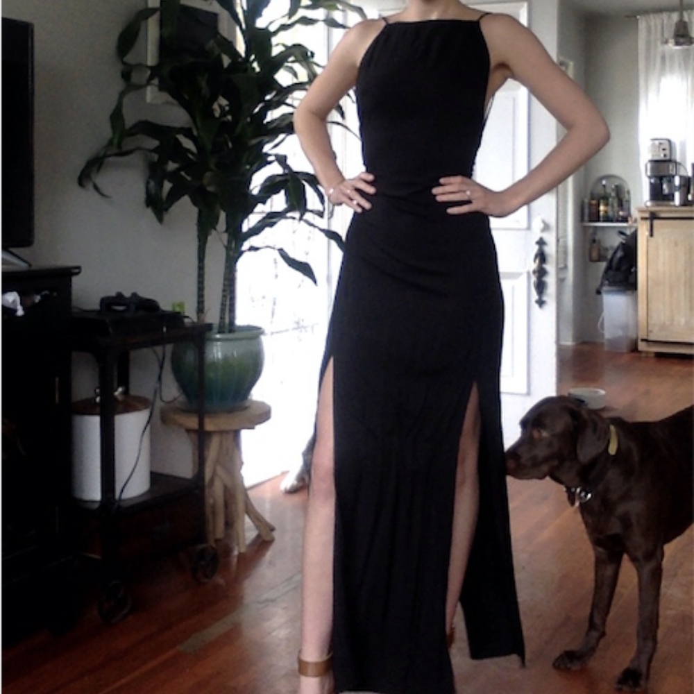 INDAH Black Backless Dress with Slits
